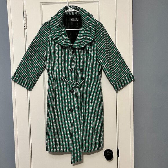 Wanko lightweight collared belted jacket green black polka dot retro twee medium